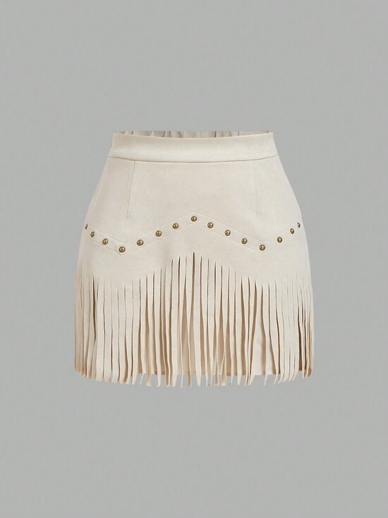 Dresses & Skirts - Apricot Casual Women's Hippie Rivet Fringe Suede A-Line Skirt